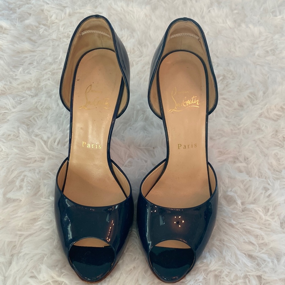 Christian Louboutin navy platform peep toe pumps